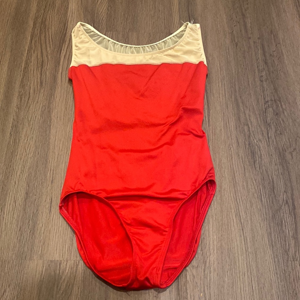 Motion Wear leotard. Red with mesh trim.  Bra shelf top.